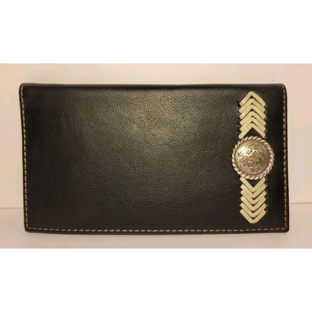 Leather Black Checkbook Bifold Wallet Silver Emblem Southwestern Card Slots